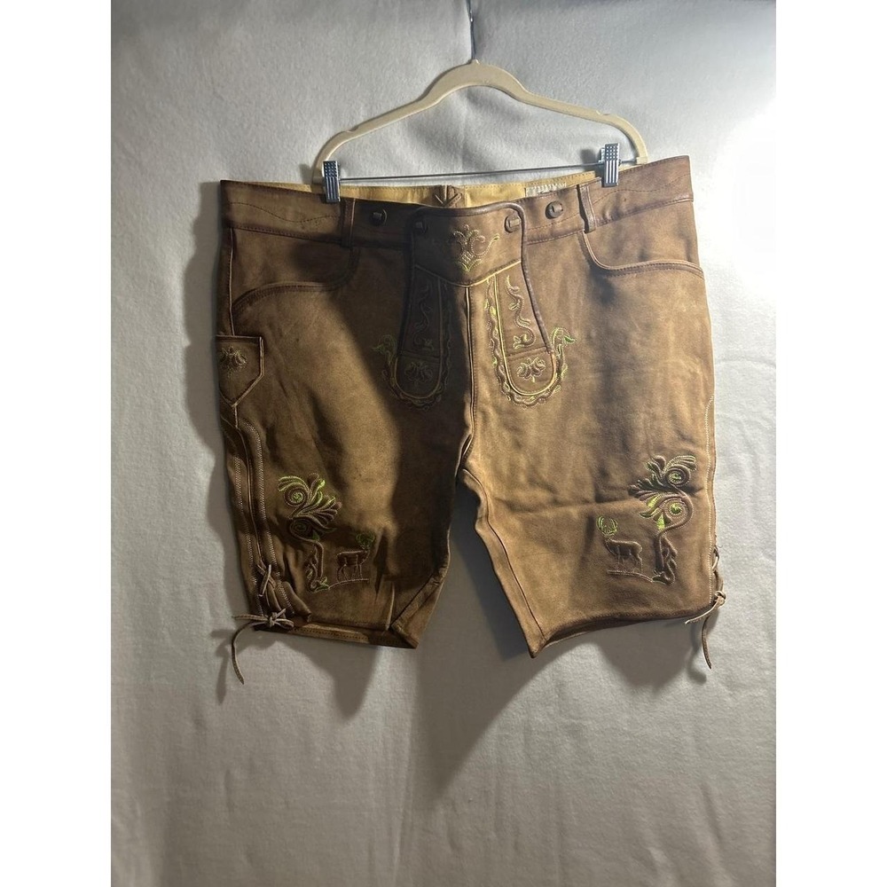 Lederhosen Store Mens Brown Leather Bavarian Shorts Embroidery Suspenders 62